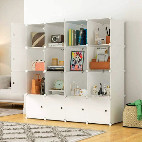 Massive 16 Cube Storage Organizer With Doors In White For Closet Living Room Or Office 14x18x14 Modular Shelves Dresser Style Cabinet