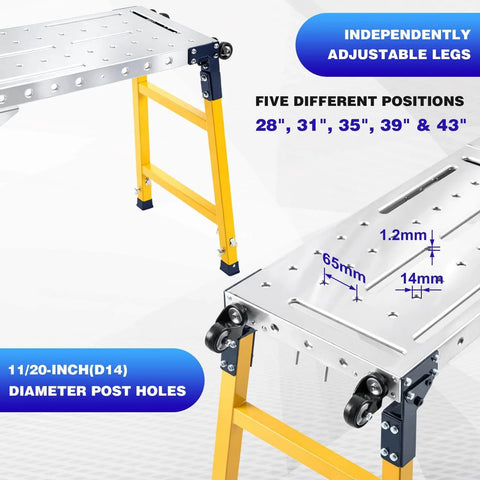 Beefy Steel Welding Table With Casters Portable Work Platform 1100 Lb Load Capacity Adjustable Height 55 X 14 Inch Galvanized Top