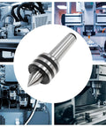 4 Inch Lathe Live Center MT3 Bull Nose 75 Degree Tip With Triple Ball Bearing For Hollow Turning against machinery background