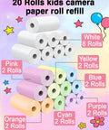 Kids Camera Instant Print Paper Refill, BPA Free and Non Toxic, 20 Rolls of Safe Odor Free Photo Paper for Easy Kid Friendly Snapshots and Quick Print Fun with Every Click. 20-roll paper refill set, white and color rolls shown.