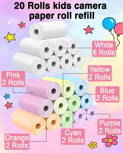Kids Camera Instant Print Paper Refill, BPA Free and Non Toxic, 20 Rolls of Safe Odor Free Photo Paper for Easy Kid Friendly Snapshots and Quick Print Fun with Every Click. 20-roll paper refill set, white and color rolls shown.