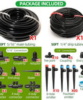 Package content of 100 Ft Drip Irrigation Kit With Locking Fittings And Sprayers, 360 Degree Fountain And 8 Hole Dripper, Auto Watering System.