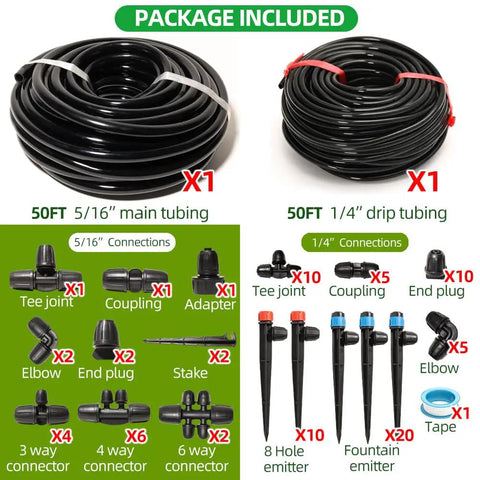 Package content of 100 Ft Drip Irrigation Kit With Locking Fittings And Sprayers, 360 Degree Fountain And 8 Hole Dripper, Auto Watering System.