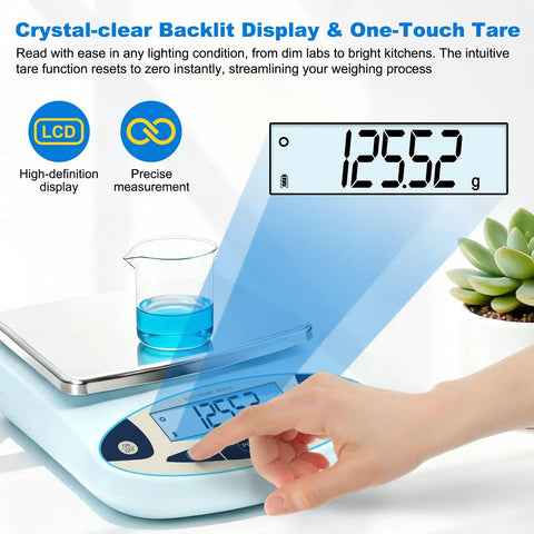 Hand using Pro Grade 5000g Digital Analytical Scale with 0.01g precision and backlit LCD display for lab, kitchen, and research use