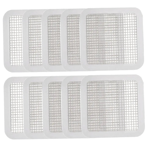 Disposable Hair Drain Stickers, 10Pcs 5x5 fine mesh covers stacked for shower or bathtub use.