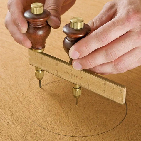 Heavy Duty Adjustable Trammel Points Set With Smooth Hardwood Handles And Precision Pencil Leads For Knockout Circle Layouts And No Hassle Arc Marking That Fits Dead Square On Shop Beams in use on wood.