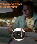 Man using Heat Set Insert Tips For Threaded M2 To M8 Inserts, Soldering Iron Tips For Plastic 3D Printed Parts, Quick No Fuss Install With Common Hobby Irons, Includes M2 M2.5 M3 M4 M5 M6 M8 Sizes, setup with soldering iron for 3D printing shown in inset.