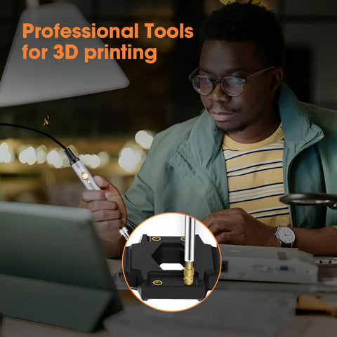 Man using Heat Set Insert Tips For Threaded M2 To M8 Inserts, Soldering Iron Tips For Plastic 3D Printed Parts, Quick No Fuss Install With Common Hobby Irons, Includes M2 M2.5 M3 M4 M5 M6 M8 Sizes, setup with soldering iron for 3D printing shown in inset.