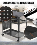 Top Shelf Welding Workbench, 36X24 Inch Steel Fabrication Table with 11 tool hooks and side tool hanging board visible.