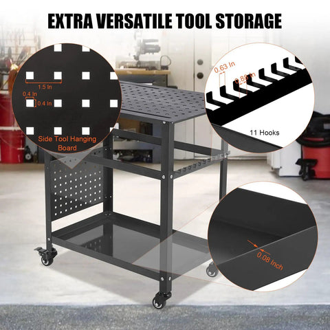Top Shelf Welding Workbench, 36X24 Inch Steel Fabrication Table with 11 tool hooks and side tool hanging board visible.