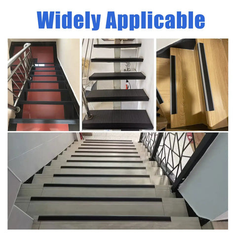 Assorted views of self adhesive black vinyl stair nosing edge protector non slip waterproof stair edging trim for indoor outdoor staircases bullnose design 20 ft molding with thick triangular grooves for extra friction and safer steps