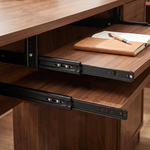 Rock Solid Heavy Duty Steel Under Desk Keyboard Tray Slide Rails showing adjustable height rails on a desk with wood finish.