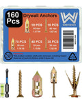 Heavy Duty Gold Self Drilling Drywall Anchors With Screws 160 Piece Kit shown in practical box with various screws and anchors.