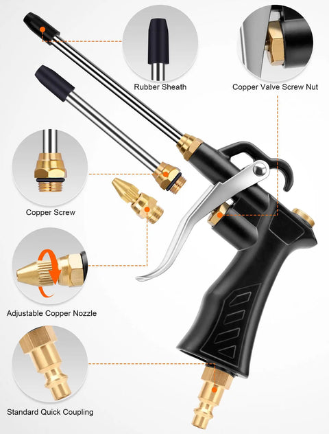 Must Have Heavy Duty Air Blow Gun With Brass Adjustable Nozzle, Pneumatic Blower Kit, steel extensions, and universal flow hose.