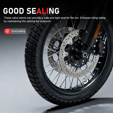 Close-up of motorcycle wheel with Two Pack CNC Aluminum Motorcycle Tire Valve Stems 90 Degree Air Stems Universal For Tubeless Tires