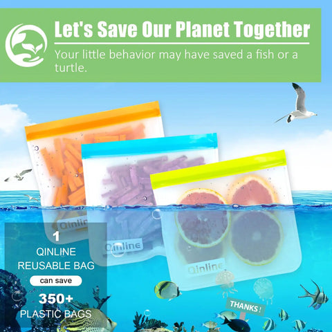 Extra Thick Reusable Food Storage Bags Set 10 Pack Bang For Your Buck Leakproof Freezer Safe Sandwich And Lunch Bags floating in ocean
