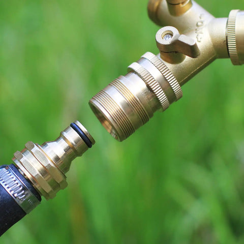 Solid Brass Garden Hose Quick Connect Fittings Three Quarter Inch GHT Internal Thread, Female and Male Quick Connect Adapters in use