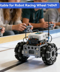 Front view of a DIY robot platform with two 100mm omni wheels on a double-plastic chassis.