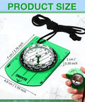 Close-up of green acrylic orienteering compass in hand; size details, featuring 50 Pack Orienteering Compasses For Hiking And Navigation.