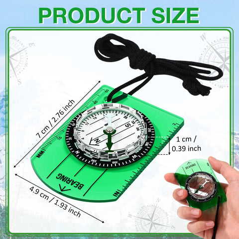 Close-up of green acrylic orienteering compass in hand; size details, featuring 50 Pack Orienteering Compasses For Hiking And Navigation.