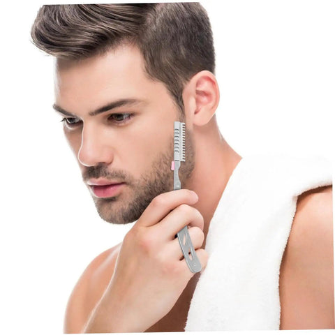 Man using a Heavy Duty Stainless Steel Manual Razor With Old School Vintage Design And Solid Body Construction For Clean Beard Layout And Smooth Sideburn Grooming Rig.