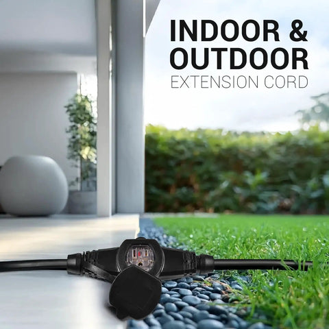 Super Versatile Heavy Duty 25 Ft Extension Cord Featuring 6 Multiple Outlets 16 Gauge 15 Amp 3 Prong Outdoor Indoor Power Cable Ideal For Christmas Lights Yard Decorations Camping Workshops And More In Black displayed in indoor and outdoor setting