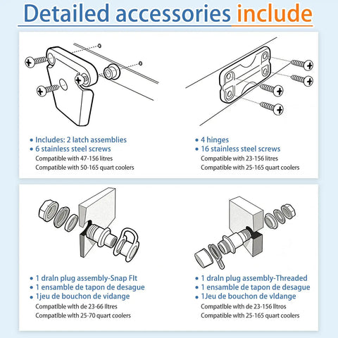 Cooler Hinge Replacement Kit With Screws For 50 To 165 Qt Coolers 4 Pack Beefy Durable Plastic Hinges Easy Install Restores Smooth Opening And Closing Replacement Parts For Portable Ice Chests, illustrated kit contents