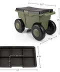 Rolling Garden Cart With Seat For Planting And Weeding Plastic Storage Bench And Interior Tool Tray Easy Roll Mobility Durable Gardening Stool For Home Gardens Green with dimensions shown.