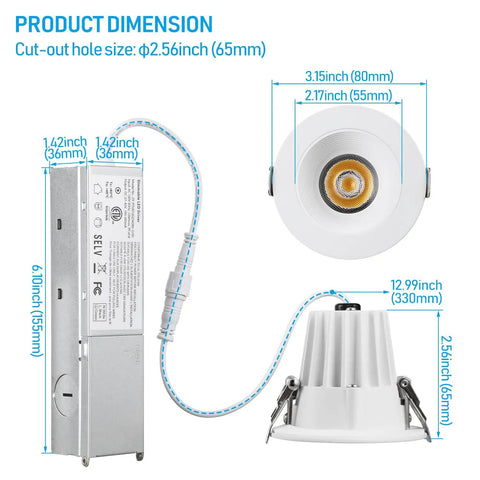 Dimensions of 5CCT 2 Inch Recessed LED Lights With Dimmable 600 Lumen Output Canless Aluminum Ceiling Downlights