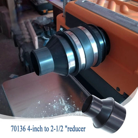 4 Inch To 2-1/2 Inch Dust Hose Reducer Attachment No Fuss For Easy Dust Collection seen on dust collection tool, includes clamps