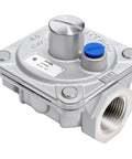 Maxitrol RV48L natural gas pressure regulator with 3/4 in NPT threads, metal body, blue cap.