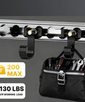 4 Pack Heavy Duty L Track Hooks With Single Stud Fitting, 200 Lbs Max Load, holding a tool bag in a garage