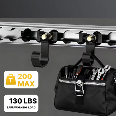 4 Pack Heavy Duty L Track Hooks With Single Stud Fitting, 200 Lbs Max Load, holding a tool bag in a garage