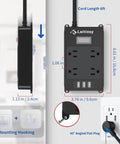 Dimensions and design of Weatherproof Outdoor Power Strip With Four Outlets And Three USB Ports, Six Foot Extension Cord, Wall Mount