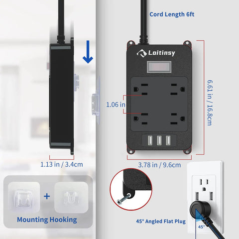 Dimensions and design of Weatherproof Outdoor Power Strip With Four Outlets And Three USB Ports, Six Foot Extension Cord, Wall Mount