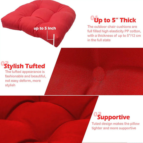 Close-up of Waterproof Outdoor Chair Cushions Set Of 2 19x19 Inch Tufted Red Cushions, highlighting thickness and tufted style