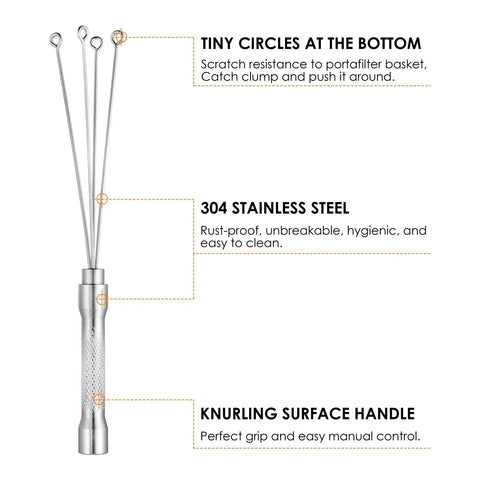 Espresso Coffee Stirrer Stainless Steel Mini Whisk for Espresso Stirring Distribution showing features and benefits