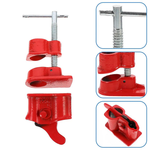 Lightweight Three Quarters Inch Pipe Clamp For Woodworking Quick Release Carpenter Tool With Cast Iron Frame Ideal Water Pipe Support And DIY Carpentry Projects showing red clamp details