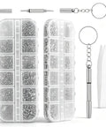 Stainless Steel Glasses Screws And Sunglasses Repair Kit 600 Piece Set with micro fasteners and tweezers for repairs.