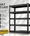Heavy Duty Steel Garage Shelving Unit 48 Inch Wide Five Shelf Storage Rack Ideal For Tools Bins And Heavy Equipment With Stable Reinforced Frame And Up To Two Thousand Pounds Capacity, powder-coated steel with adjustable shelves.