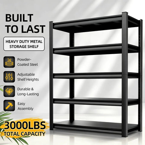 Heavy Duty Steel Garage Shelving Unit 48 Inch Wide Five Shelf Storage Rack Ideal For Tools Bins And Heavy Equipment With Stable Reinforced Frame And Up To Two Thousand Pounds Capacity, powder-coated steel with adjustable shelves.