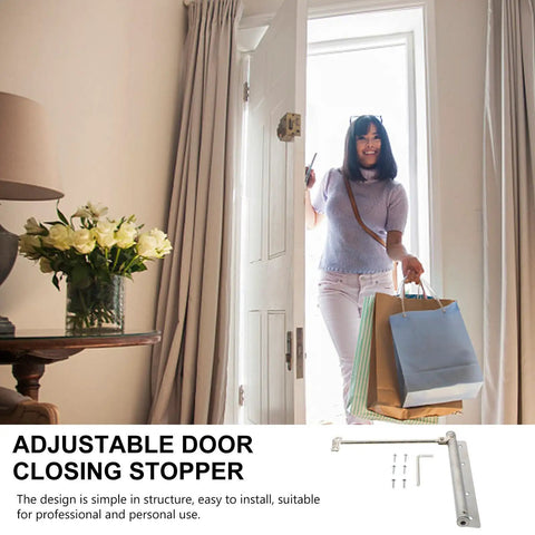 Automatic Stainless Steel Door Closer With Adjustable Tension And Quiet Spring Buffer in home setting, woman entering with bags