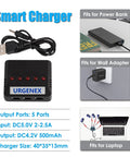 Smart charger compatible with power bank, wall adapter, and laptop; features 5 output ports, USB cable, and LED indicators.