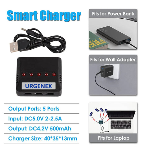 Smart charger compatible with power bank, wall adapter, and laptop; features 5 output ports, USB cable, and LED indicators.