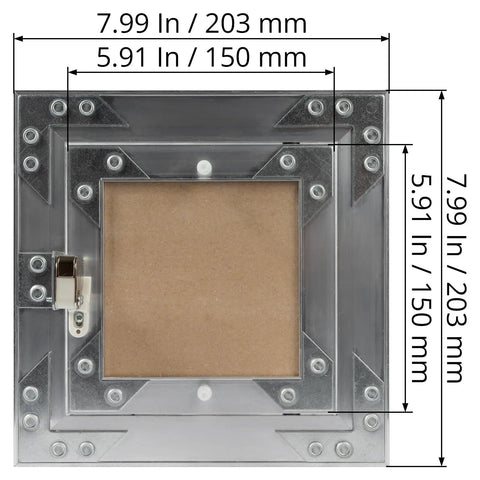 Zero Drama Six By Six Inch Waterproof Drywall Access Panel With Slick Push To Open Flush Mount showing aluminum frame and square aperture.