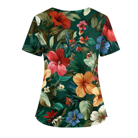 Women V Neck Short Sleeve Scrub Top With Turtle Hawaiian Print For Healthcare Professionals Comfy Breathable Medical Uniform In Green 5XL