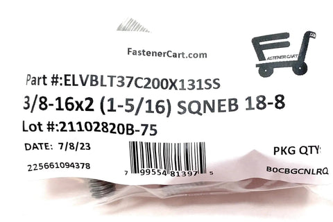 Five Pack 3/8-16 X 2 Inch 18-8 Stainless Steel Elevator Bolts Square Neck with packaging label details.