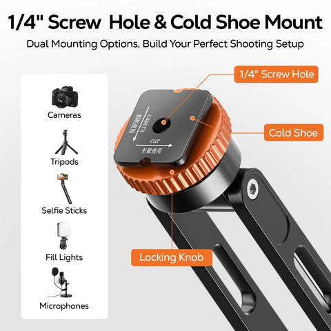 1/4 inch screw hole, cold shoe mount on all metal MagSafe tripod mount with 360 degree adjustable phone holder, locking knob visible