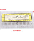Affordable On The Go Watch Repair Kit with crown and spring bar set in transparent box, dimensions labeled
