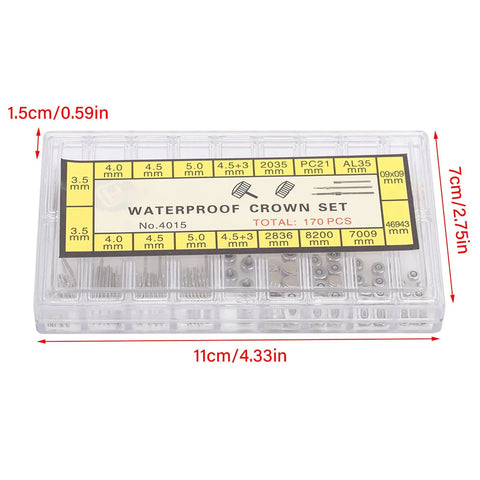 Affordable On The Go Watch Repair Kit with crown and spring bar set in transparent box, dimensions labeled